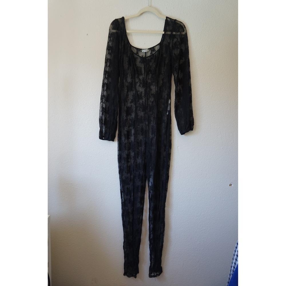 Free People Intimately Lace Jumpsuit Sheer Floral Goth Romantic Black FLAWED XL